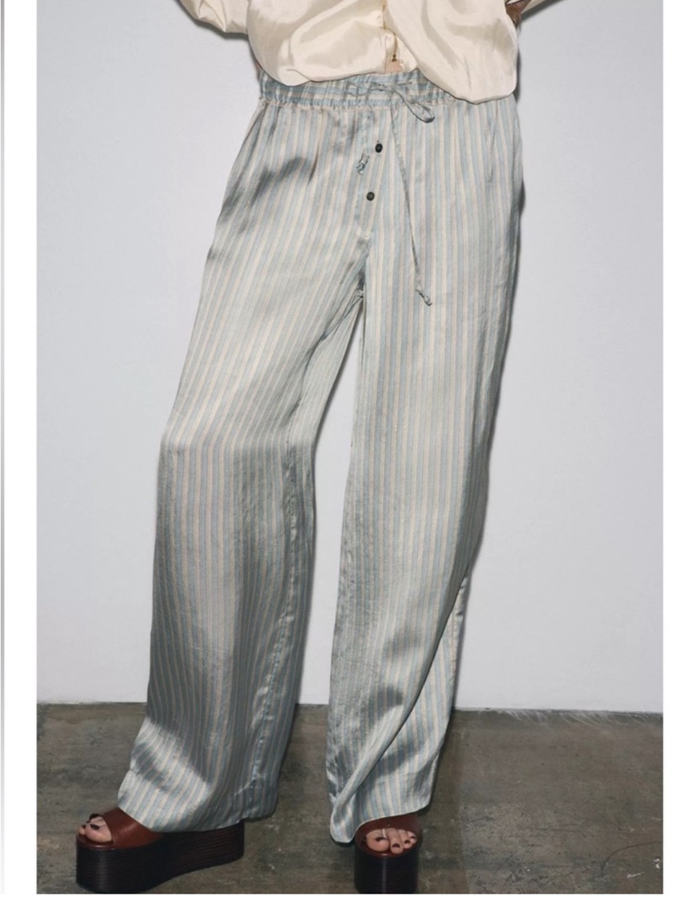 Zara Light Blue and White Striped Straight-Leg Pants